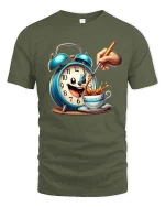 Funny Coffee Alarm Clock Cartoon Graphic T Shirt Morning Mood - military green t-shirt on white background