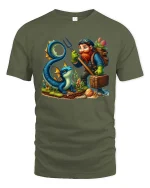 Fantasy Adventurer Gnome And Mystic Sea Dragon Cartoon T Shirt - military green t-shirt on white background