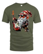 Rockstar Gnome Electric Guitar Cartoon Graphic T Shirt Cool Style - military green t-shirt on white background