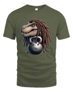 Funny Dreadlock Dinosaur Lifting Kettlebell Cartoon T Shirt - military green t-shirt on white background