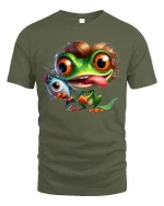 Funny Fishing Frog With Big Eyes Cartoon Graphic T Shirt - military green t-shirt on white background