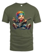 Cute Punk Rock Kid Playing Electric Guitar Cartoon T Shirt - military green t-shirt on white background