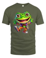 Happy Dancing Frog In Colorful Suit Cartoon Graphic T Shirt - military green t-shirt on white background