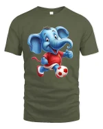 Cute Soccer Elephant Playing Football Cartoon Graphic T Shirt - military green t-shirt on white background