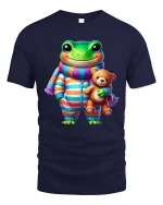Cute Frog Pajama Buddy Teddy Bear Cartoon Graphic T Shirt - navy t-shirt on white background