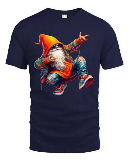 Cool Streetwear Dancing Gnome Hip Hop Cartoon Graphic T Shirt - navy t-shirt on white background
