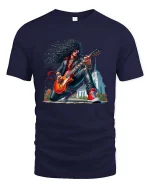 Vintage Rock Guitarist Cartoon Graphic T Shirt With Classic Style - navy t-shirt on white background