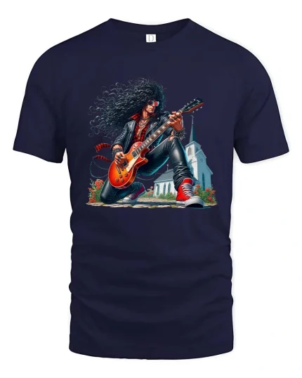 Vintage Rock Guitarist Cartoon Graphic T Shirt With Classic Style - navy t-shirt on white background