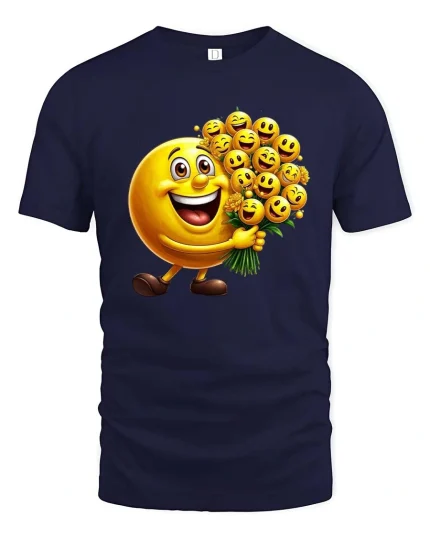 Happy Smiley Face Bouquet Cartoon Graphic T Shirt Cute Fun Style - navy t-shirt on white background