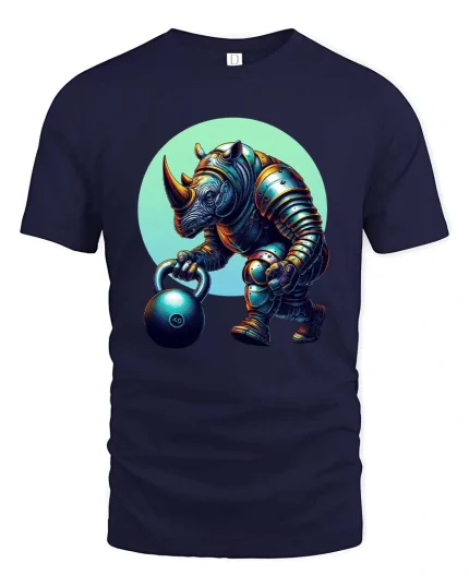 Strong Rhino Weightlifting Cartoon Graphic T Shirt Gym Beast Style - navy t-shirt on white background