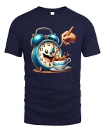Funny Coffee Alarm Clock Cartoon Graphic T Shirt Morning Mood - navy t-shirt on white background