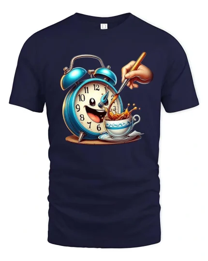 Funny Coffee Alarm Clock Cartoon Graphic T Shirt Morning Mood - navy t-shirt on white background