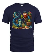 Fantasy Adventurer Gnome And Mystic Sea Dragon Cartoon T Shirt - navy t-shirt on white background