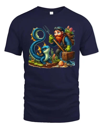 Fantasy Adventurer Gnome And Mystic Sea Dragon Cartoon T Shirt - navy t-shirt on white background
