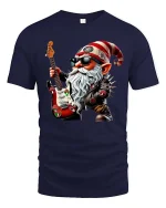 Rockstar Gnome Electric Guitar Cartoon Graphic T Shirt Cool Style - navy t-shirt on white background