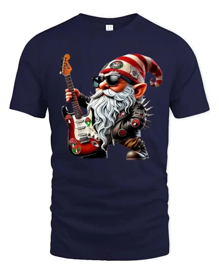 Rockstar Gnome Electric Guitar Cartoon Graphic T Shirt Cool Style - navy t-shirt on white background