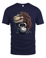 Funny Dreadlock Dinosaur Lifting Kettlebell Cartoon T Shirt - navy t-shirt on white background