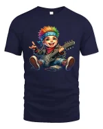 Cute Punk Rock Kid Playing Electric Guitar Cartoon T Shirt - navy t-shirt on white background