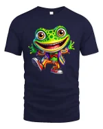 Happy Dancing Frog In Colorful Suit Cartoon Graphic T Shirt - navy t-shirt on white background