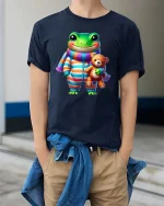 Cute Frog Pajama Buddy Teddy Bear Cartoon Graphic T Shirt - model wearing navy tee with hands in pockets
