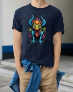 Colorful Mythical Dragon Beast Fantasy Cartoon Graphic T Shirt - model wearing navy tee with hands in pockets