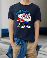 Funny Gymbros Strong Cartoon Mice Bodybuilder Graphic T Shirt - model wearing navy tee with hands in pockets