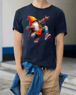 Cool Streetwear Dancing Gnome Hip Hop Cartoon Graphic T Shirt - model wearing navy tee with hands in pockets