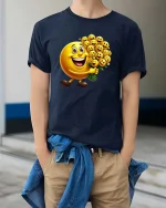 Happy Smiley Face Bouquet Cartoon Graphic T Shirt Cute Fun Style - model wearing navy tee with hands in pockets