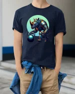 Strong Rhino Weightlifting Cartoon Graphic T Shirt Gym Beast Style - model wearing navy tee with hands in pockets