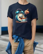 Funny Coffee Alarm Clock Cartoon Graphic T Shirt Morning Mood - model wearing navy tee with hands in pockets