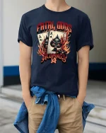 Fatal Odds Skull Ace Playing Cards Dice Casino Graphic T Shirt - model wearing navy tee with hands in pockets