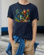 Fantasy Adventurer Gnome And Mystic Sea Dragon Cartoon T Shirt - model wearing navy tee with hands in pockets