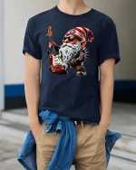 Rockstar Gnome Electric Guitar Cartoon Graphic T Shirt Cool Style - model wearing navy tee with hands in pockets