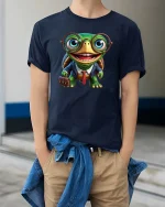 Funny Nerd Turtle Office Worker Cartoon Graphic T Shirt - model wearing navy tee with hands in pockets