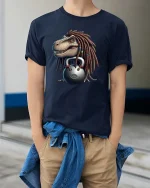 Funny Dreadlock Dinosaur Lifting Kettlebell Cartoon T Shirt - model wearing navy tee with hands in pockets