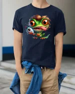Funny Fishing Frog With Big Eyes Cartoon Graphic T Shirt - model wearing navy tee with hands in pockets