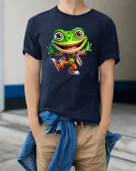 Happy Dancing Frog In Colorful Suit Cartoon Graphic T Shirt - model wearing navy tee with hands in pockets