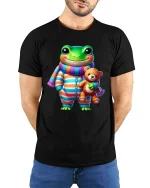 Cute Frog Pajama Buddy Teddy Bear Cartoon Graphic T Shirt - model wearing black tee with hands behind back