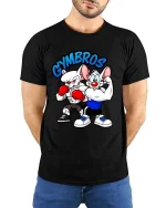 Funny Gymbros Strong Cartoon Mice Bodybuilder Graphic T Shirt - model wearing black tee with hands behind back