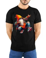 Cool Streetwear Dancing Gnome Hip Hop Cartoon Graphic T Shirt - model wearing black tee with hands behind back