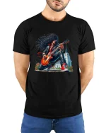 Vintage Rock Guitarist Cartoon Graphic T Shirt With Classic Style - model wearing black tee with hands behind back