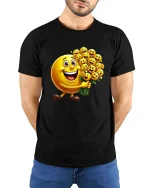 Happy Smiley Face Bouquet Cartoon Graphic T Shirt Cute Fun Style - model wearing black tee with hands behind back