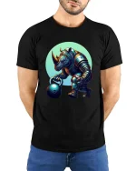 Strong Rhino Weightlifting Cartoon Graphic T Shirt Gym Beast Style - model wearing black tee with hands behind back