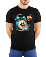 Funny Coffee Alarm Clock Cartoon Graphic T Shirt Morning Mood - model wearing black tee with hands behind back
