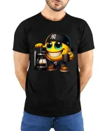 Funny Coffee Lover Smiley Barista Cartoon Graphic T Shirt - model wearing black tee with hands behind back