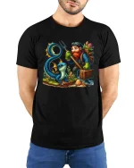 Fantasy Adventurer Gnome And Mystic Sea Dragon Cartoon T Shirt - model wearing black tee with hands behind back