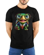 Funny Nerd Turtle Office Worker Cartoon Graphic T Shirt - model wearing black tee with hands behind back