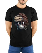 Funny Dreadlock Dinosaur Lifting Kettlebell Cartoon T Shirt - model wearing black tee with hands behind back