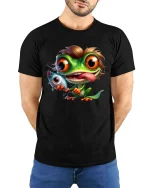 Funny Fishing Frog With Big Eyes Cartoon Graphic T Shirt - model wearing black tee with hands behind back