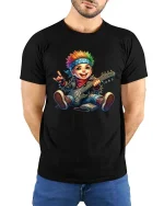 Cute Punk Rock Kid Playing Electric Guitar Cartoon T Shirt - model wearing black tee with hands behind back